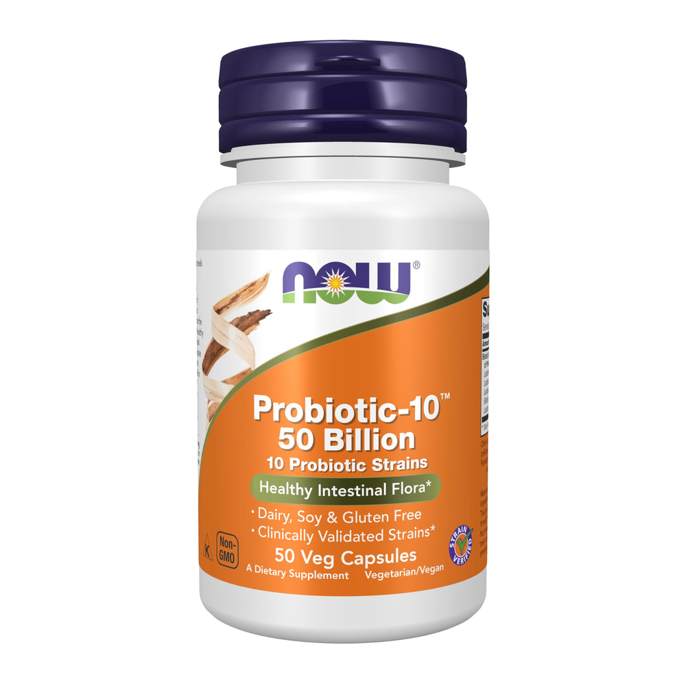 NOW Foods Probiotic-10 bottle front with 50 Billion CFU for daily gut support