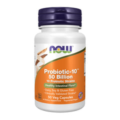 NOW Foods Probiotic-10 bottle front with 50 Billion CFU for daily gut support