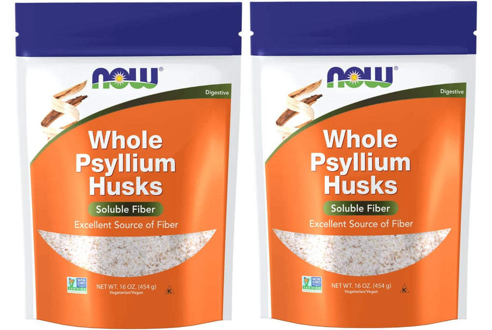 NOW Foods Psyllium Husks Whole packaging for bulk dietary fiber.