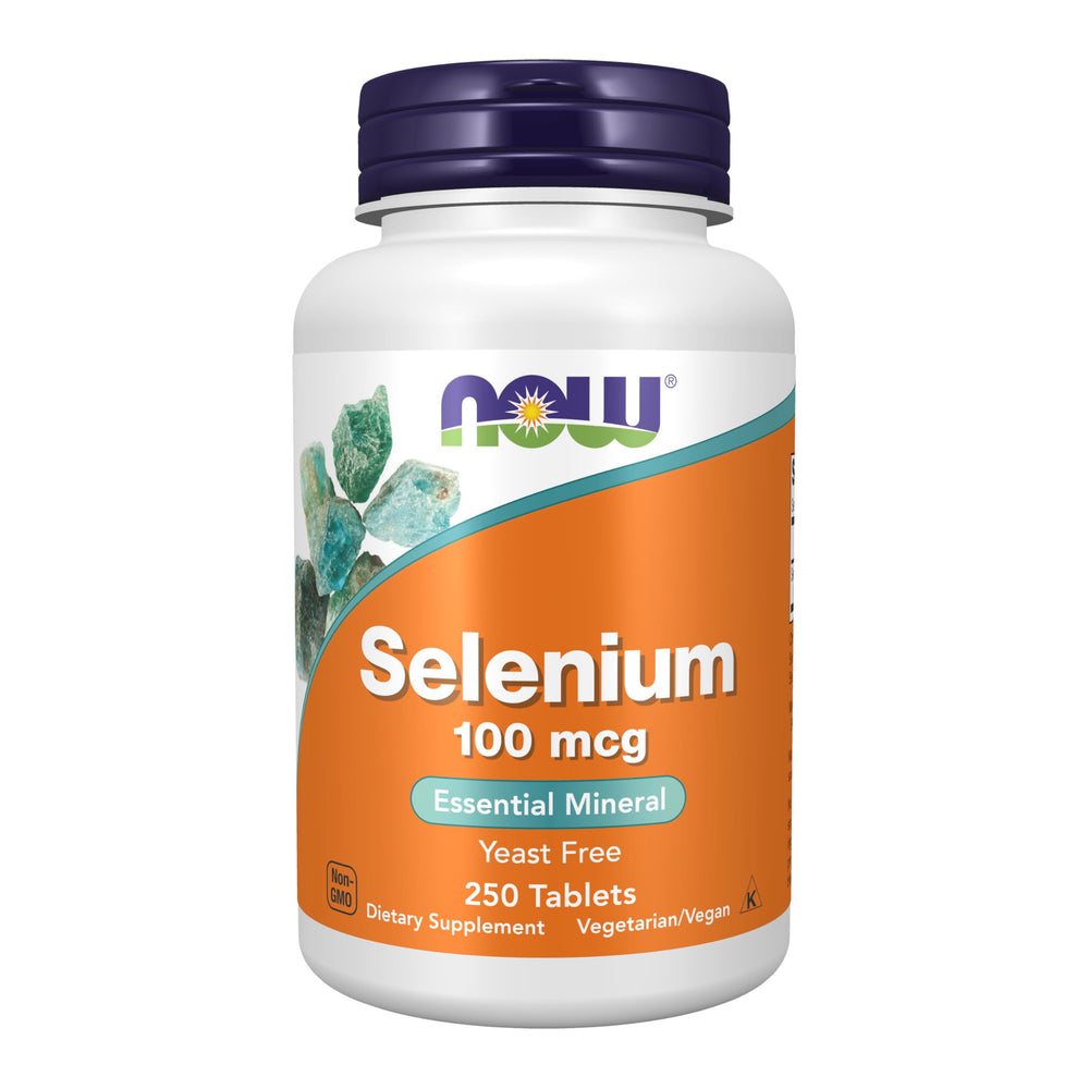 NOW Foods Selenium 100 mcg tablets bottle on white surface supports daily essential mineral intake