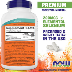 NOW Foods Selenium capsules label close-up highlighting daily dosing and L-selenomethionine.