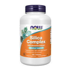 NOW Foods Silica Complex with horsetail bottle emphasizes vegan tablets for skin, hair, and nails