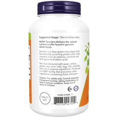 NOW Foods Spirulina tablets dosage scene illustrating six tablet daily serving.