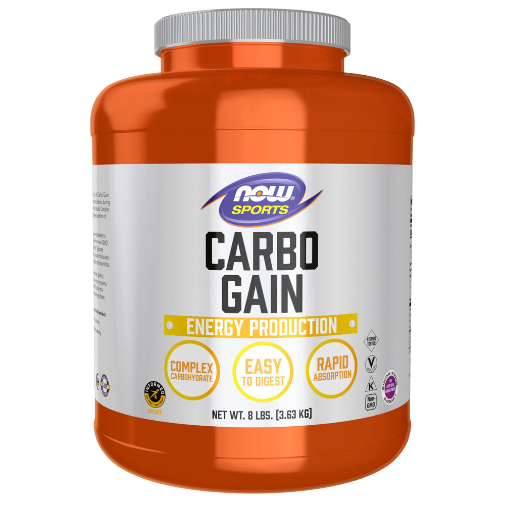 NOW Foods Carbo Gain powder container for quick workout fueling