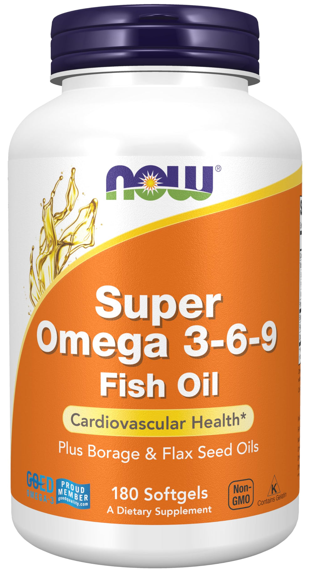 NOW Foods Super Omega 3-6-9 bottle label close-up showing blended oils for heart and skin support.