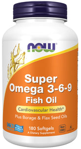 NOW Foods Super Omega 3-6-9 bottle label close-up showing blended oils for heart and skin support.