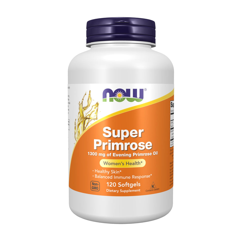 NOW Foods Super Primrose 1300 mg bottle with label for daily skin and immune support.