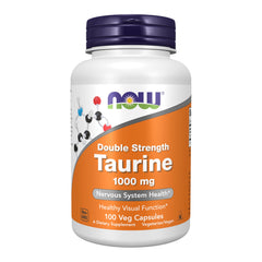 NOW Foods Taurine 1000 mg bottle showing double strength nervous system support.