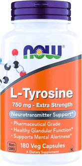 NOW Foods L-Tyrosine 750 mg bottle with capsules for daily mental alertness support