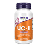 NOW Foods UC-II bottle showing undenatured Type II collagen supports joint comfort and flexible movement.