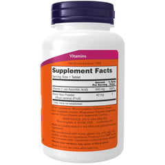 NOW Foods Vitamin C-500 label close-up with rose hips and ingredients
