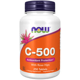 NOW Foods Vitamin C-500 with Rose Hips bottle showing antioxidant protection