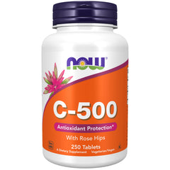 NOW Foods Vitamin C-500 with Rose Hips bottle showing antioxidant protection