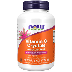 NOW Foods Vitamin C crystals powder in a jar shows pure, fine granules for daily antioxidant support.
