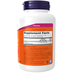 NOW Foods packaging highlights pure vitamin C crystals powder for versatile mixing into drinks and foods.