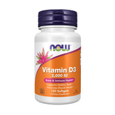 NOW Foods Vitamin D-3 softgels bottle on shelf for daily immune support