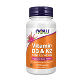 NOW Foods Vitamin D-3 & K-2 120 Veg Capsules bottle with dosing guidance for daily bone support