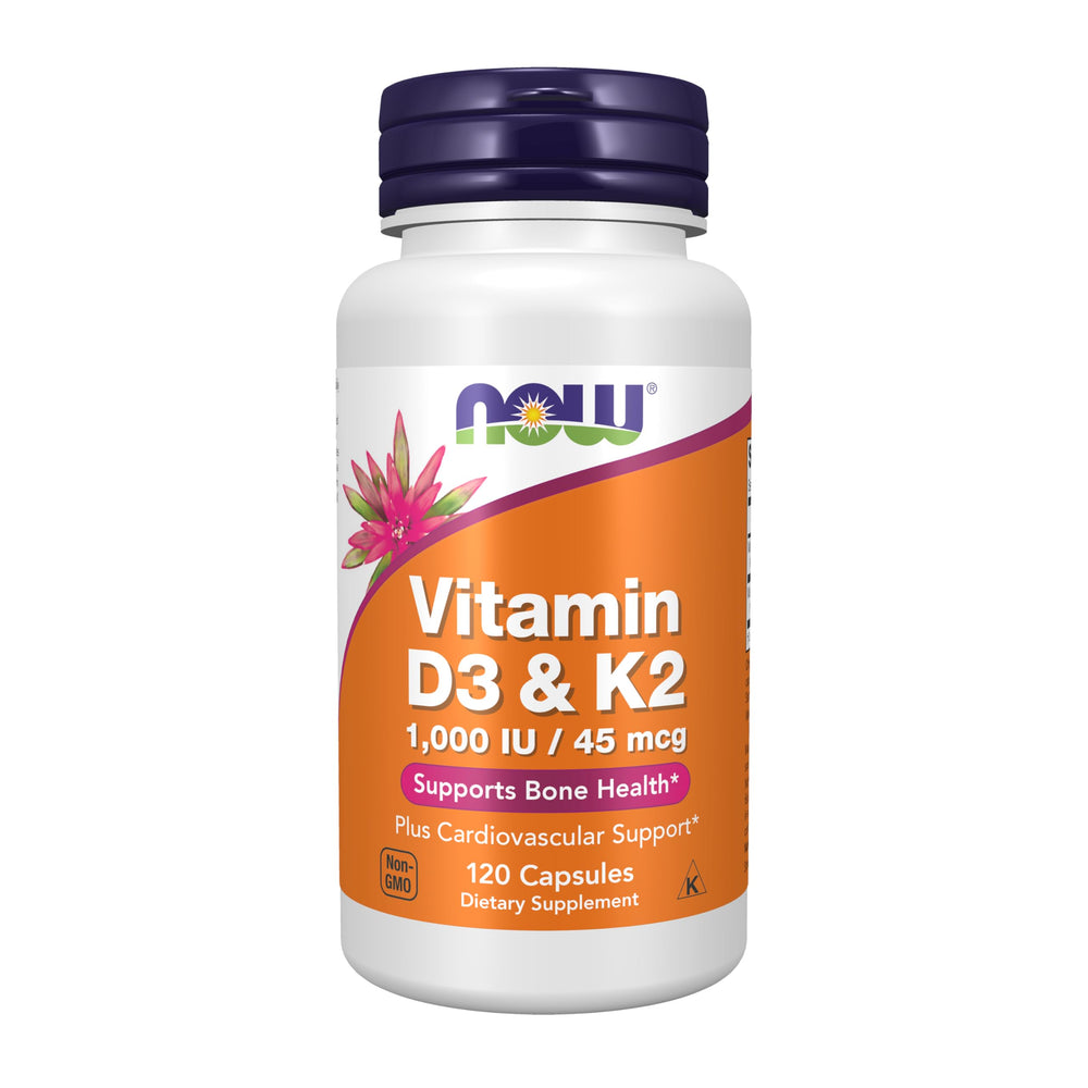 NOW Foods Vitamin D-3 & K-2 bottle with capsules for bone and cardiovascular support.