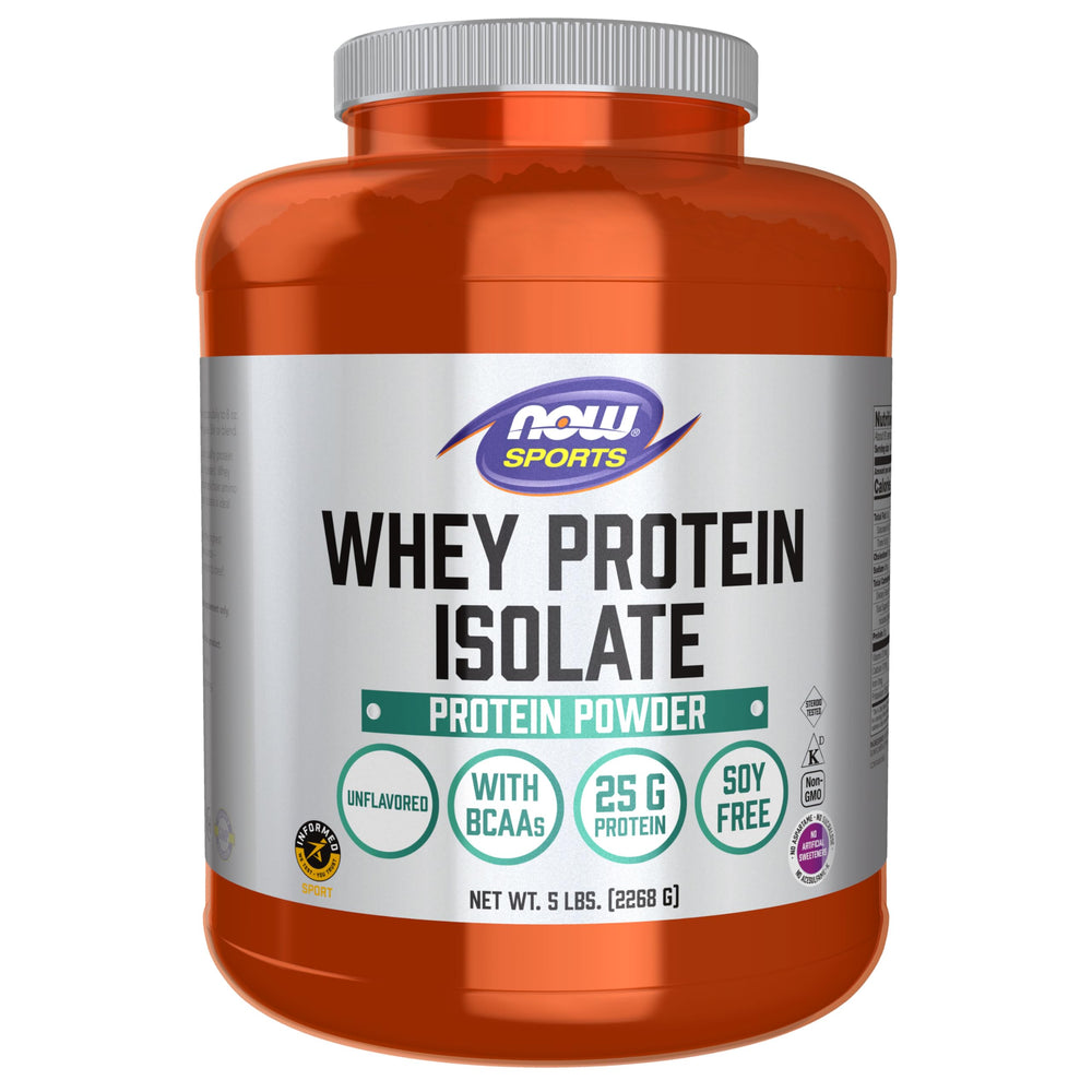 NOW Foods Whey Protein Isolate unflavored powder being scooped for quick protein