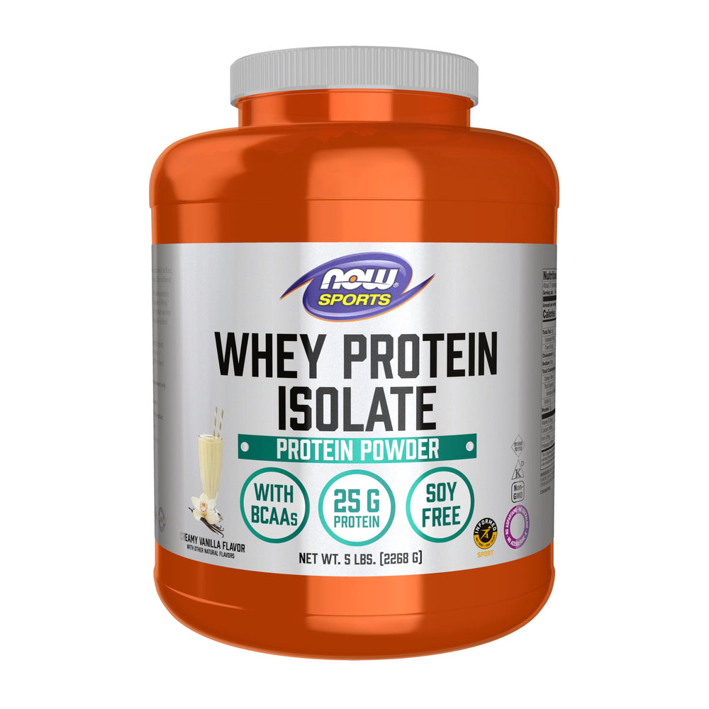 NOW Foods Whey Protein Isolate vanilla powder bottle highlighting fast absorption and taste