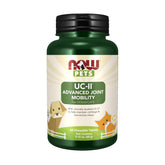 NOW Pets UC-II Advanced Joint Mobility bottle showing chew tablets for daily exercise comfort.