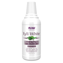 NOW Foods XyliWhite Mouthwash bottle front shows neem and tea tree formula for fresh breath