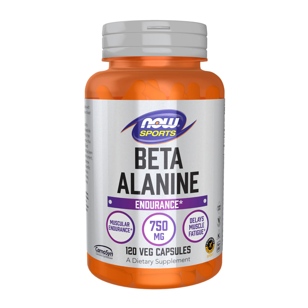 NOW Sports Beta-Alanine bottle shows endurance support ready for workouts.