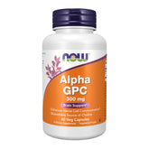 NOW Foods Alpha GPC 300 mg bottle label highlights quality and potency for daily focus