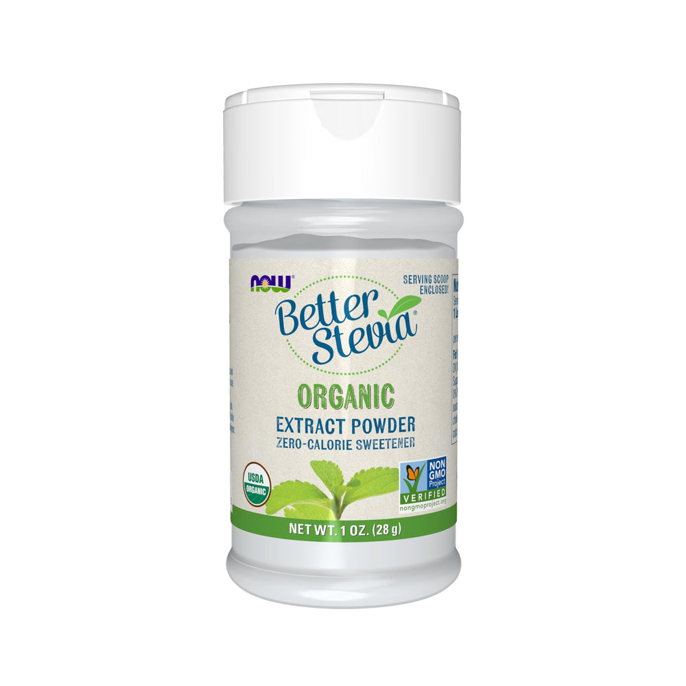 NOW Foods Better Stevia bottle for zero-calorie sweetness in beverages.