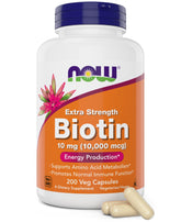 NOW Foods Biotin 10,000 mcg bottle close-up highlighting high-dose support for hair and nails.