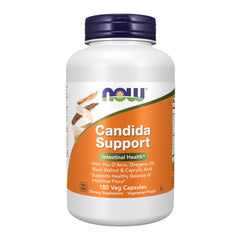 NOW Foods Candida Support bottle showing capsules for gut balance and daily wellness.