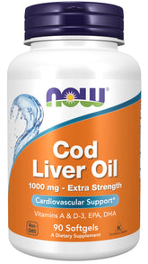 NOW Foods Cod Liver Oil extra-strength bottle may support heart health with omega-3 EPA and DHA.