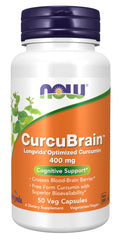 NOW Foods CurcuBrain bottle front showing Longvida Curcumin, potential cognitive support aid.