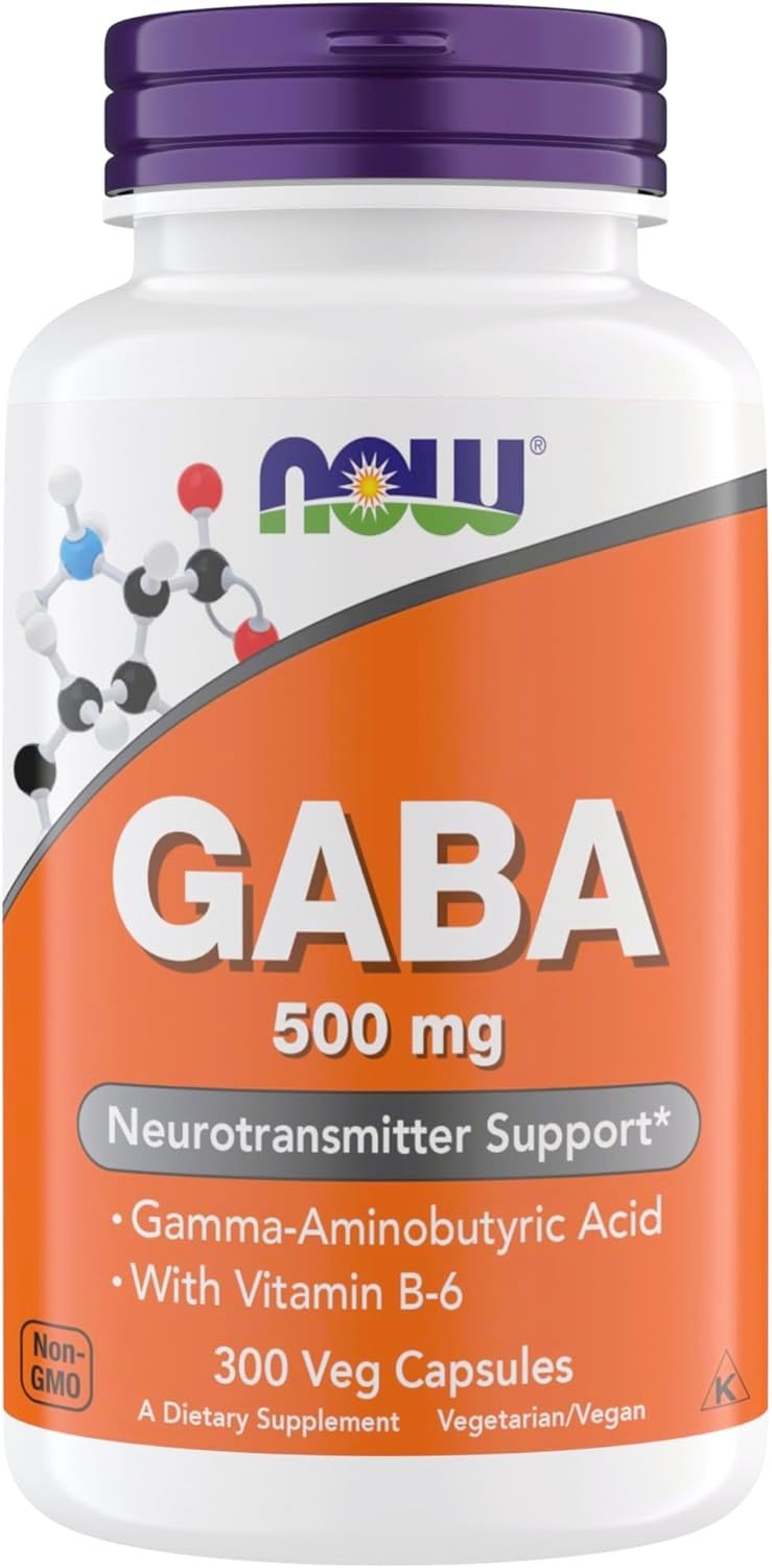 NOW Foods GABA 500 mg capsules bottle closeup promotes calm focus