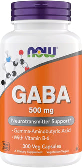 NOW Foods GABA 500 mg capsules bottle closeup promotes calm focus