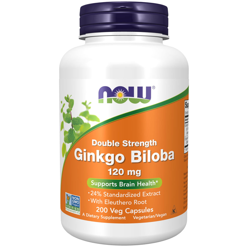 NOW Foods Ginkgo Biloba bottle front, 120 mg potency for daily wellness