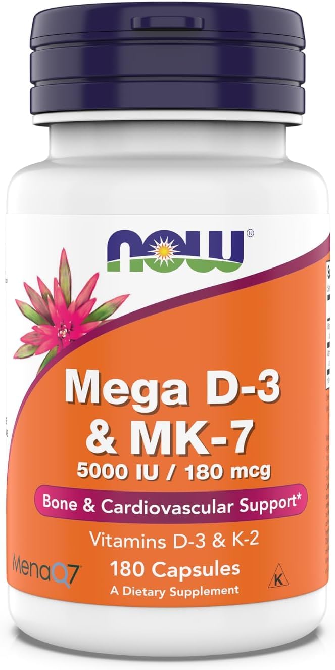 NOW Foods Mega D-3 & MK-7 bottle on shelf for daily bone support.