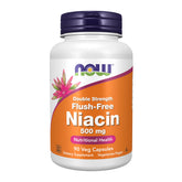 NOW Foods Niacin bottle label highlighting 500 mg flush-free capsules for daily support.