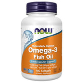 NOW Foods Omega-3 softgel bottle highlights 180 EPA / 120 DHA for heart health.
