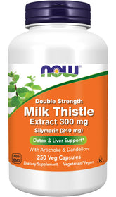 NOW Foods silymarin milk thistle 300mg bottle close-up highlighting packaging for liver support