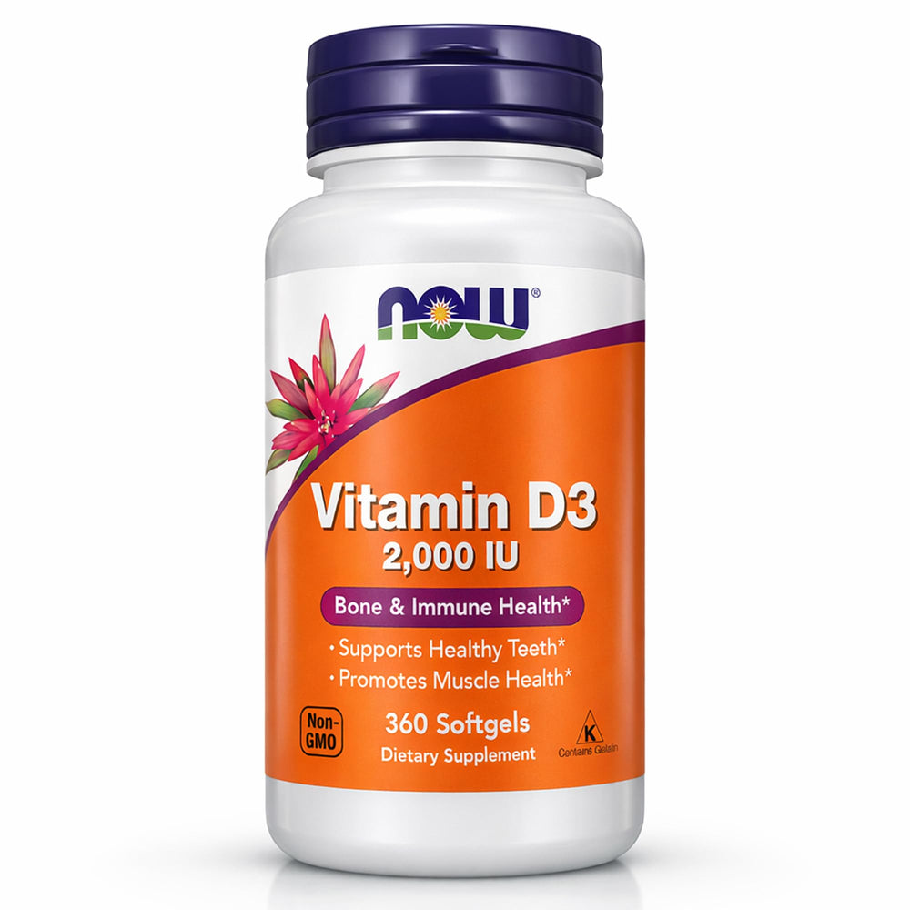 NOW Foods Vitamin D-3 2000 IU softgels bottle for daily bone and immune support