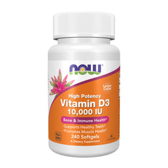 NOW Foods Vitamin D3 softgels bottle, easy daily vitamin D for bone support.