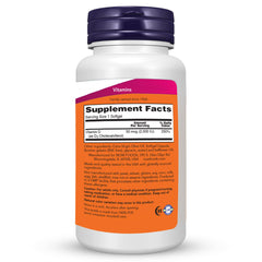 Closeup label of NOW Foods Vitamin D-3 softgels showing potency and dosage