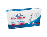 Nozin Nasal Sanitizer box with ten popswab ampules for daily hygiene.