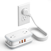 NTONPOWER travel power strip with four outlets and three USB ports for hotel room charging.