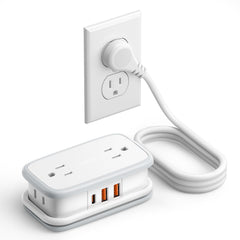 NTONPOWER travel power strip with four outlets and three USB ports for hotel room charging.