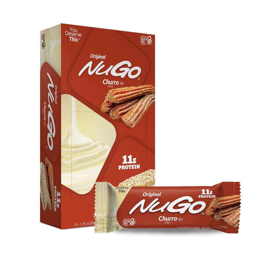 NuGo Churro protein bar with yogurt coating, high-protein snack for workouts