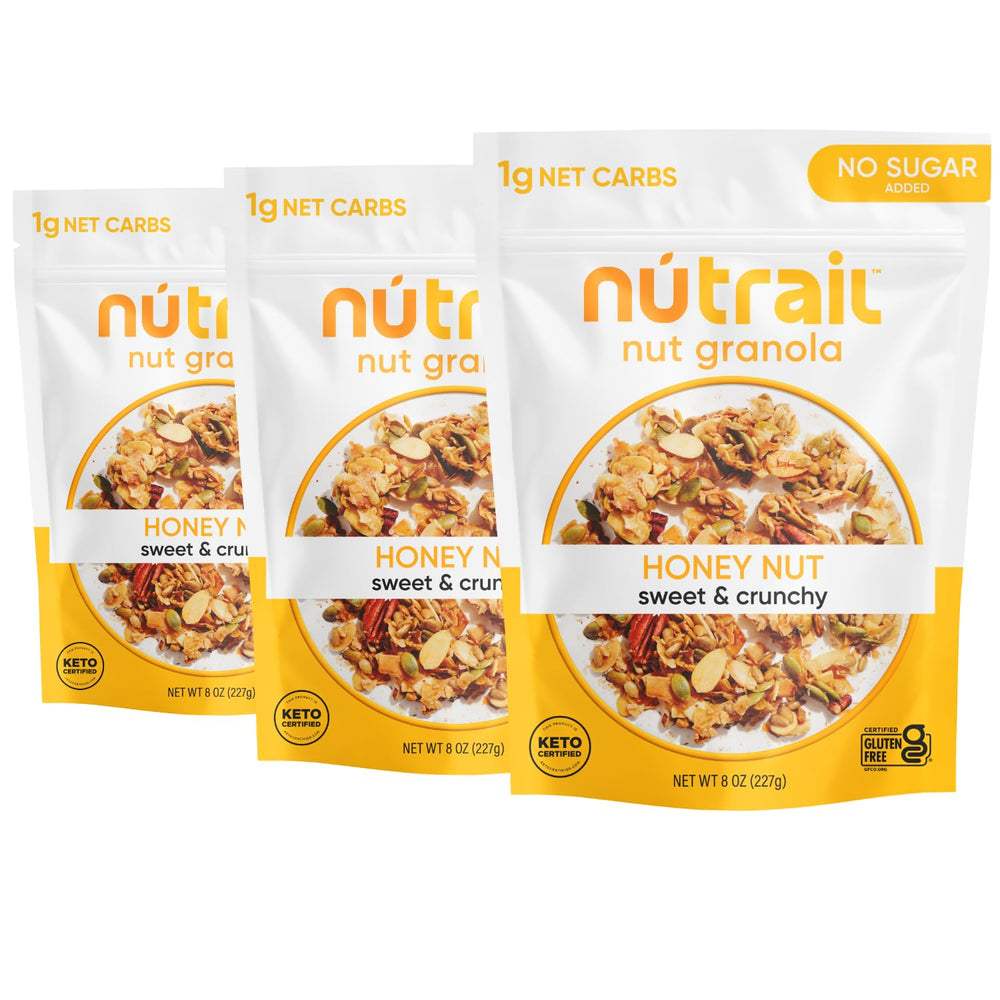 NuTrail Honey Nut Granola pack front highlighting no sugar added and gluten-free packaging.