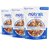 NuTrail Nut Granola Blueberry Cinnamon packaging showing gluten-free, low-carb credentials