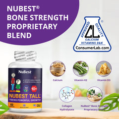 NuBest Tall 10+ bottle back highlights dosage information and safety-focused design.